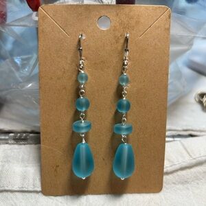 Sea glass Frosted Teardrop Dangle Earrings in Aqua